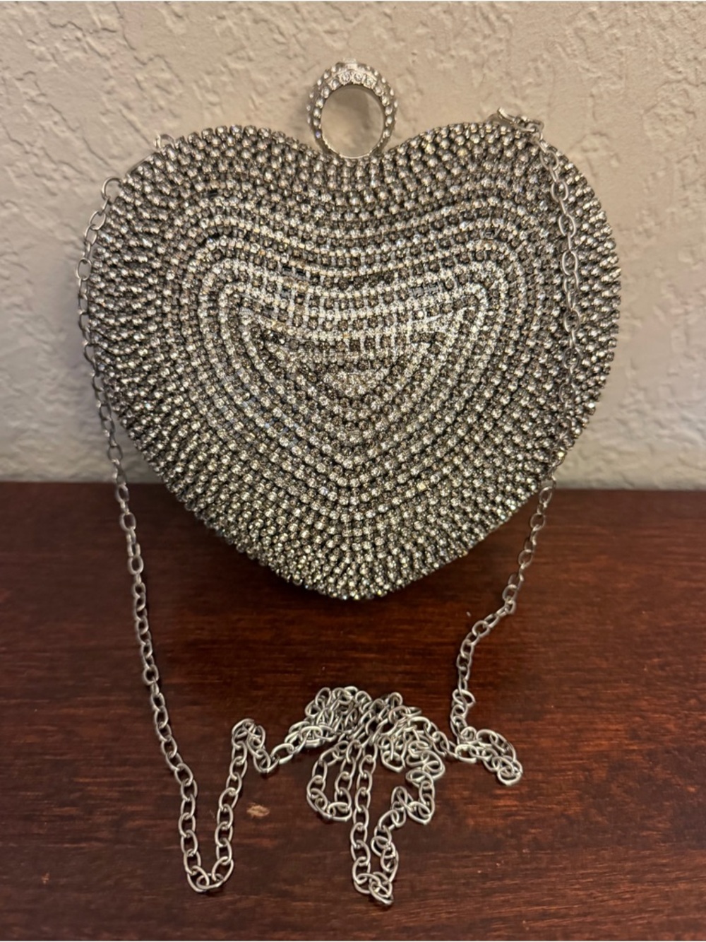 Heart Shape Shoulder Purse Clutch Black White Rhinestones Silver Satin Chain